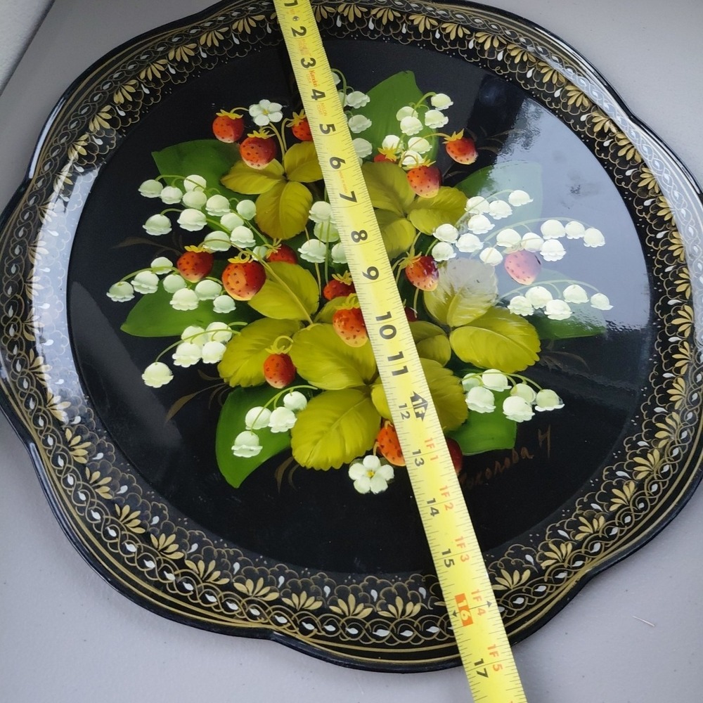 VTG Russian Zhostovo Hand Painted Floral Metal TRAY Folk Art Signed Strawberries - Picture 6 of 7